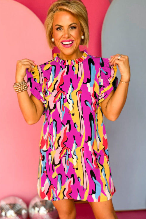 Abstract Print Frilled Neck Ruffled Sleeve Mini Dress